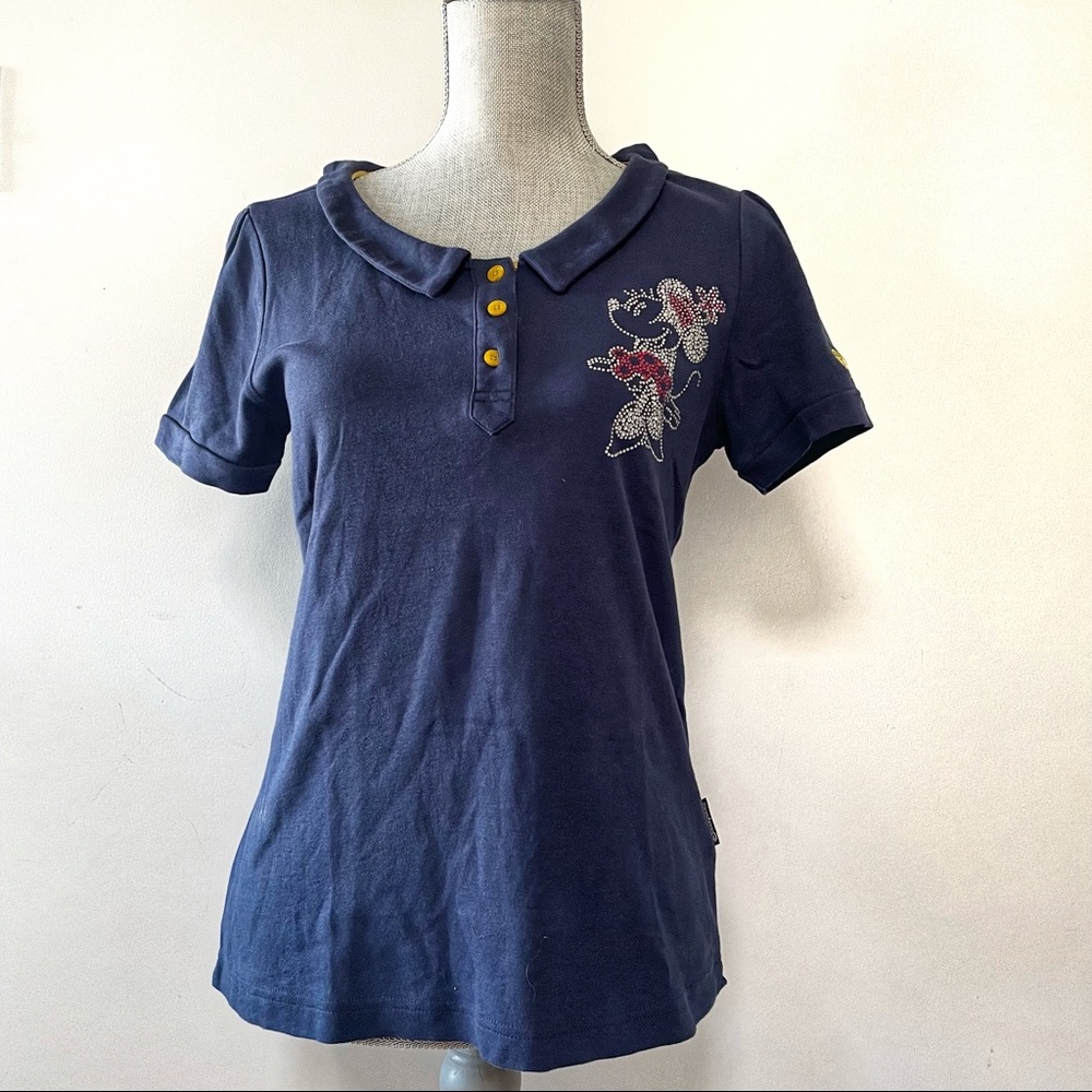 Disney polo t shirt Minnie Mouse navy blue color crystal appliqué collar